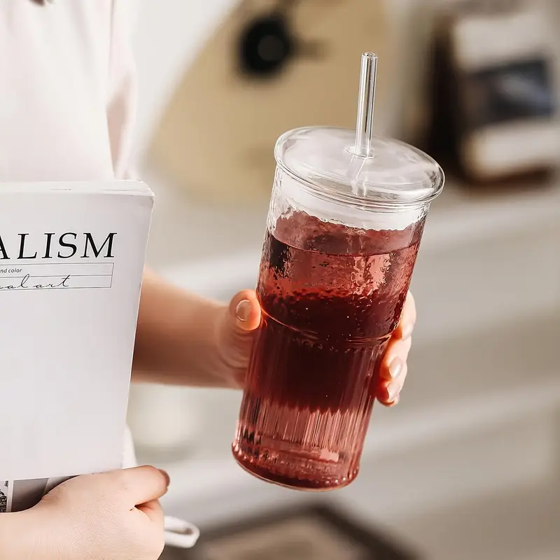 2pcs 22oz 650ml with lid straw straw brush ribbed glass cup reusable wide mouthed smoothie cup thick walled glass iced coffee cup tea cup juice cup a great holiday christmas anniversary housewarming gift for Product details 3