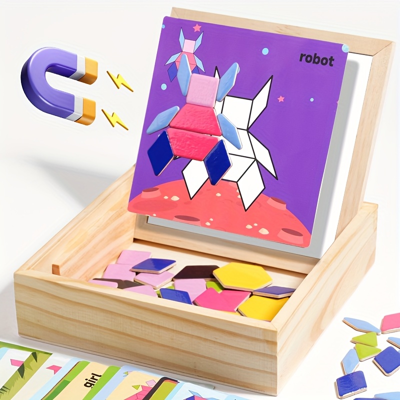 Multifunctional Tangram Puzzle with Wooden Box and 30pcs Blocks