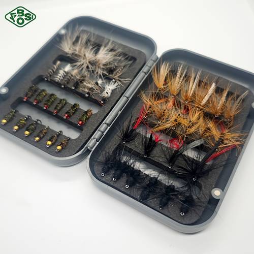 set de 47/9 bucăți cârlige pentru pescuit la muscă în cutie, năluci de pescuit nano vierme furnică, momeală artificială bionică de insectă pentru micro jigging în pârâu, universal pentru peștele alb, păstrăv și clisca palidă, muște pre- cu carcasă de depozitare, asortiment multi-stil