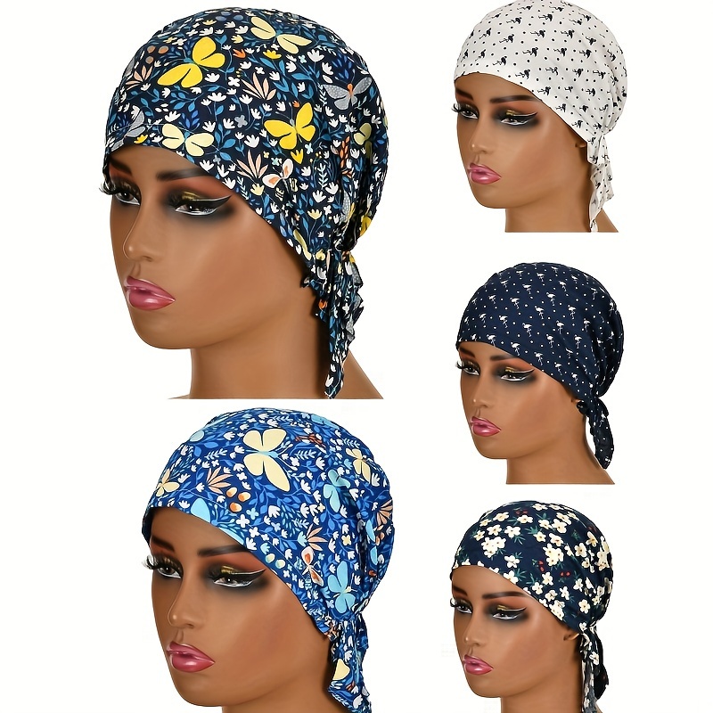 

Stylish Flower Butterfly Printed Turban Hat Lightweight Elastic Chemo Hat Leisure Style Decorative Cap For Women