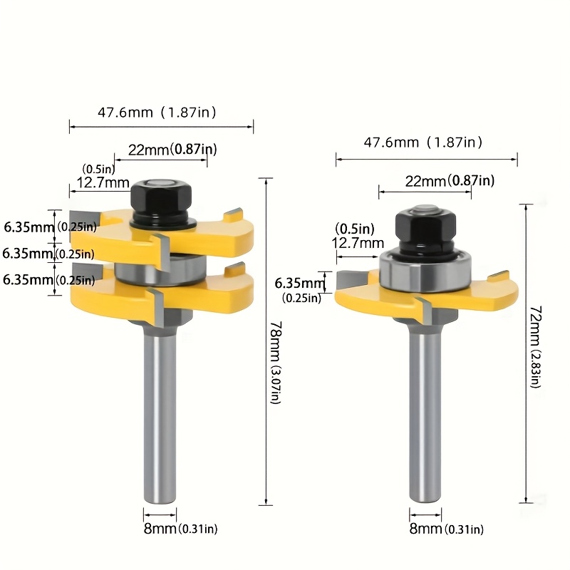 Image of 2pcs Set, 1/4in & 1/2in (8mm Shank) Triple-blade Mortise Cutter With Premium Carbide Tips, Rust-resistant Coating, Durable For Professional Woodworking And Diy Enthusiasts