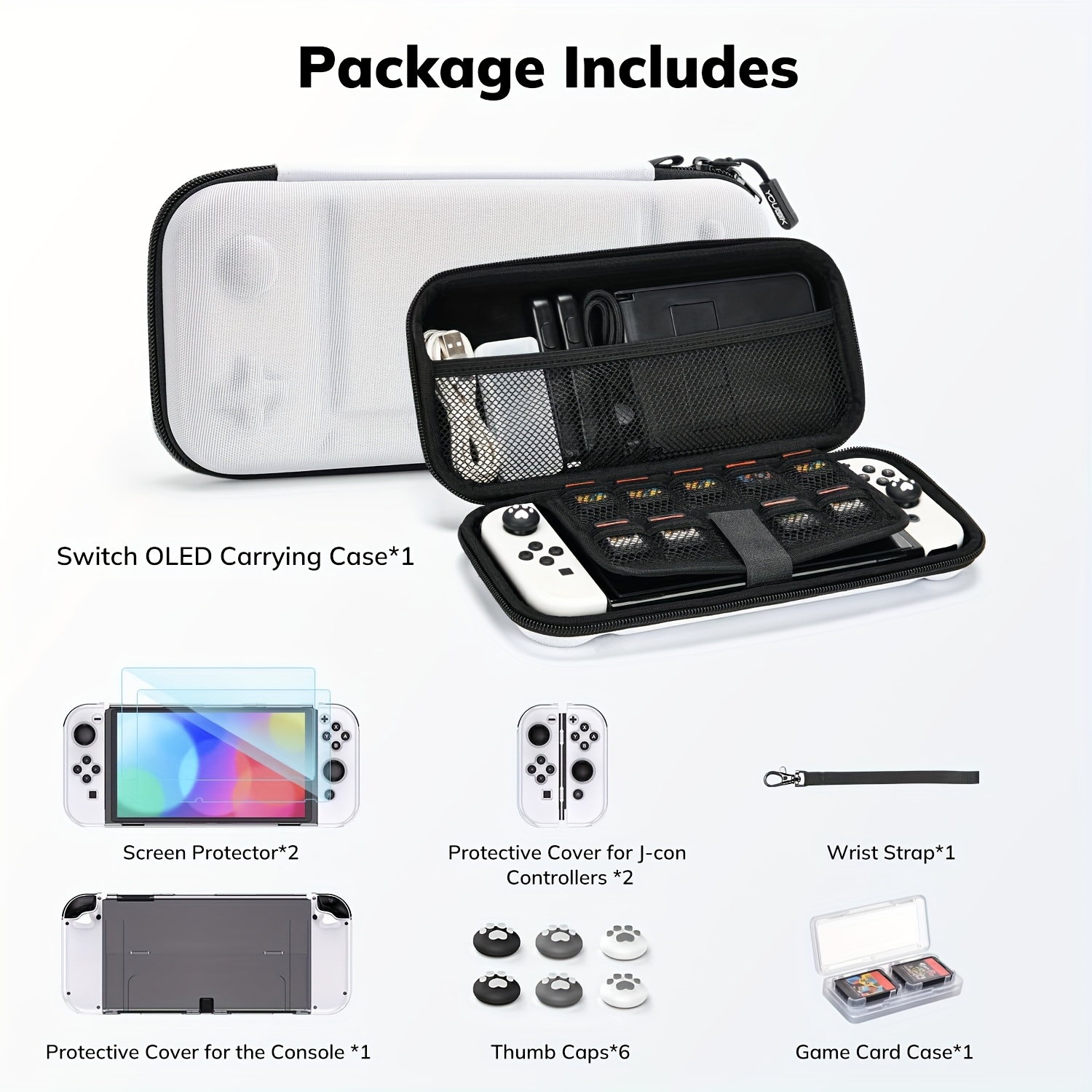 

1pc Switch Oled 14-in-1 Carrying Case With Accessories Kit - Shockproof Polyamide Bag, Screen Protector, Controller Covers, Thumb Caps, Wrist Strap, And Game Card Holder - White (button Pattern)