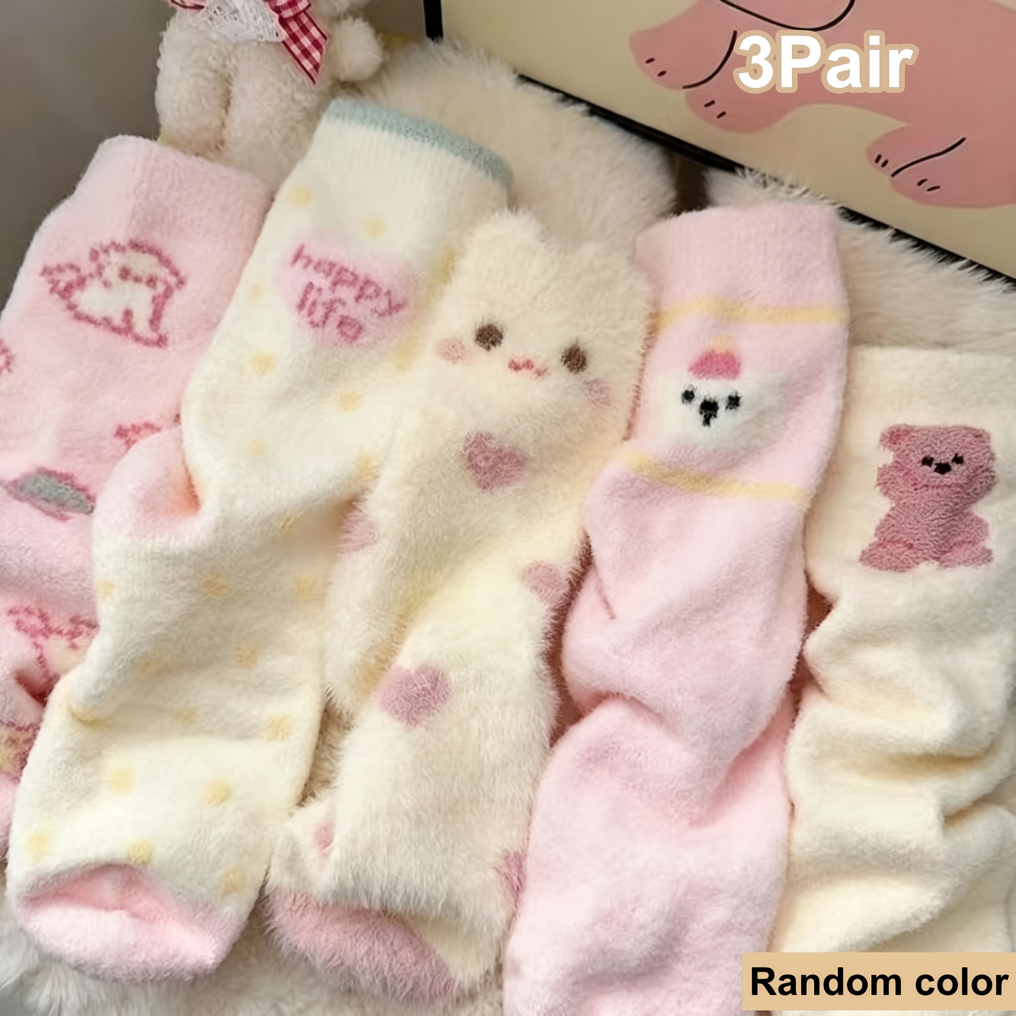 TEMU 3/5 Pairs Cute Pink Fleece-lined Socks, Striped Comfortable Warm Plush Socks, Sleeping Floor Socks, Cute Preppy Style, Essential For Photos