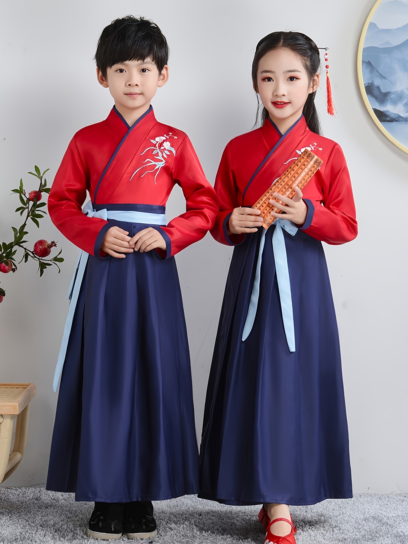 boys and girls chinese ancient traditional embroidery clothing long sleeve folk dance hanfu stage performance dress