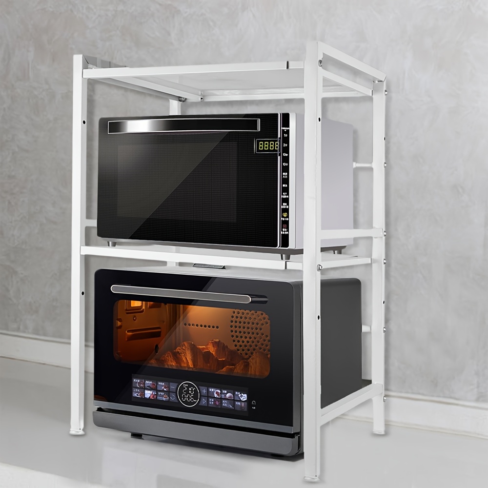 TEMU 3 Tier Extendable Microwave Oven Rack, Kitchen Countertop Organizer Shelves, With 3 Hooks, Free Standing Bakers Rack For Kitchen And Dining Room