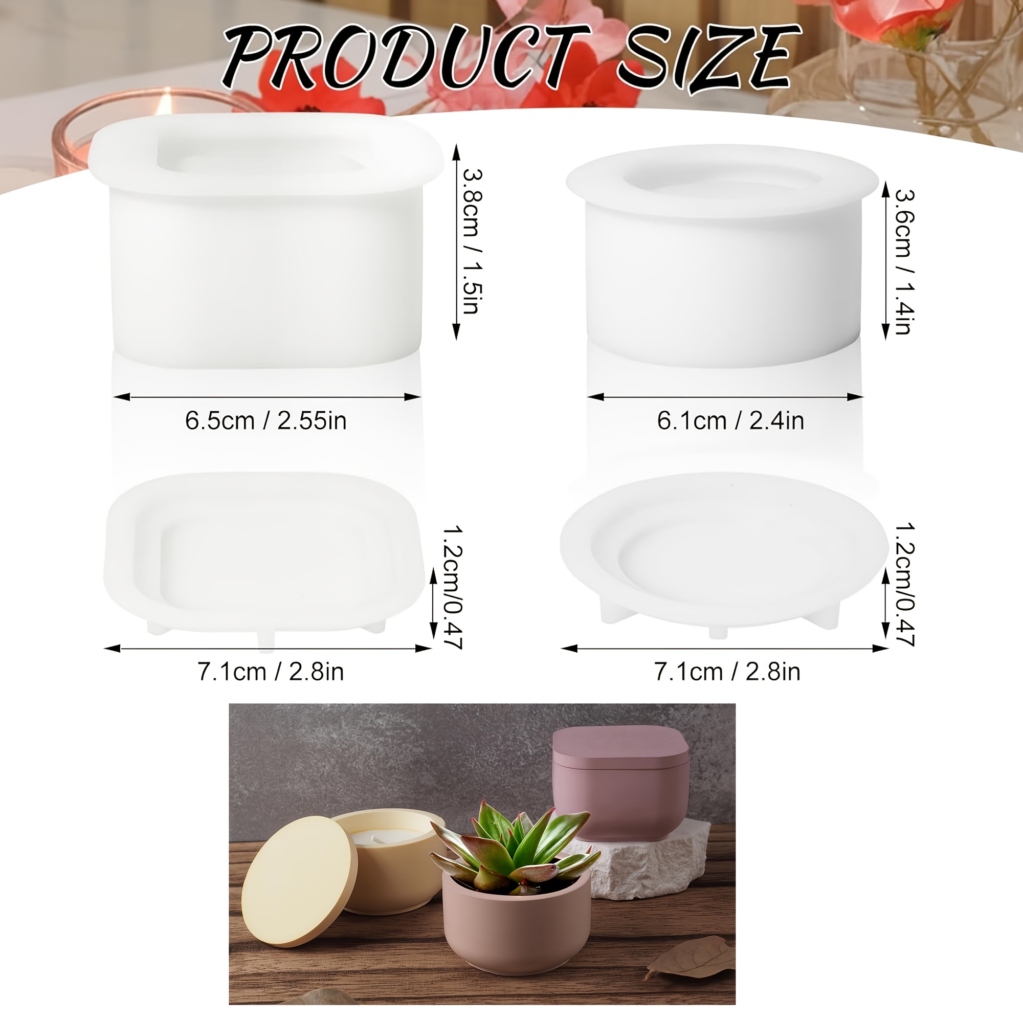 TEMU 2pcs/set Jar Silicone Molds With Lids, Gypsum Concrete Planter Molds, Candlestick Silicone Molds, Clay Molds, Round And Square, Storage Jar