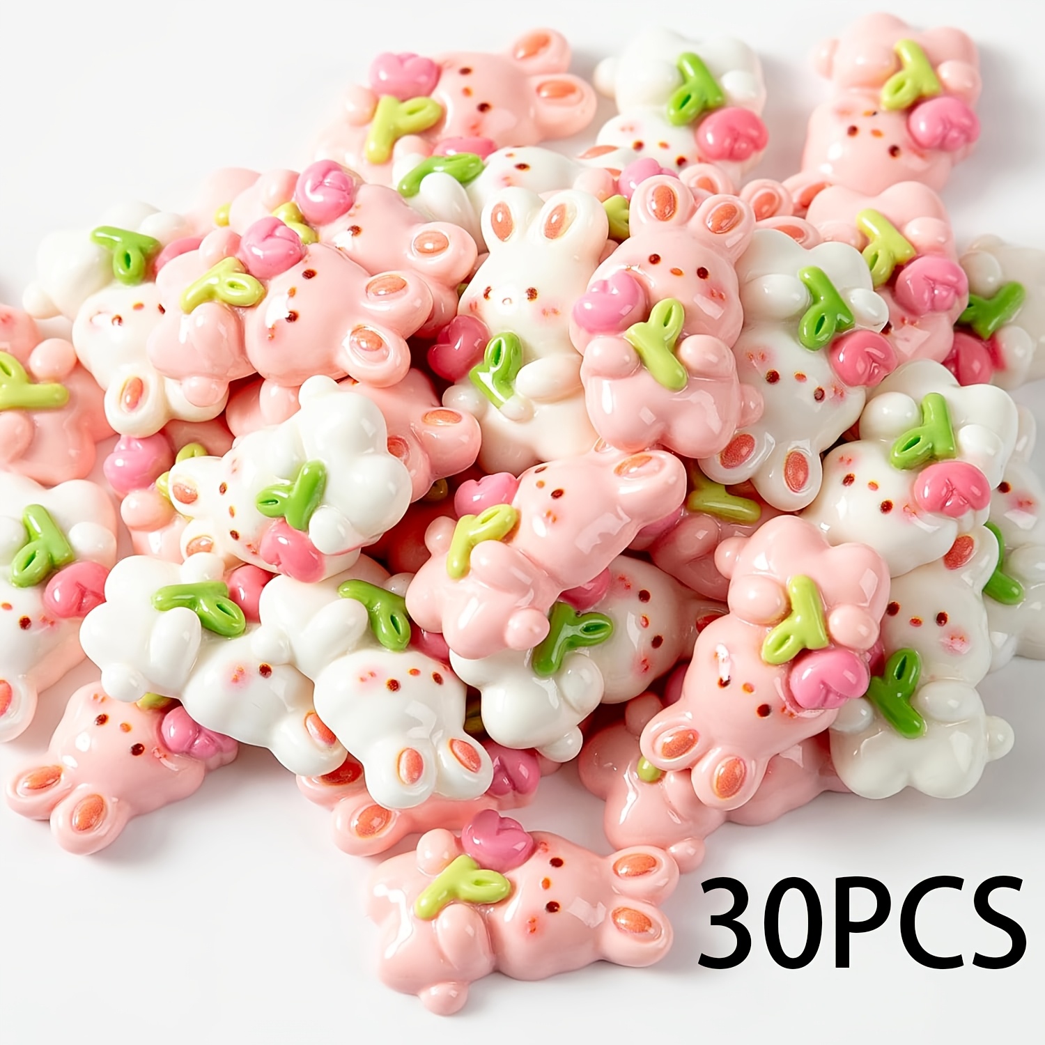 30pcs Easter Rabbit Theme Accessory Resin Mini Bunny With Tulip Easter Flatback Charms Pink And White Artificial Bunny For Diy Embellishment Vase Filler
