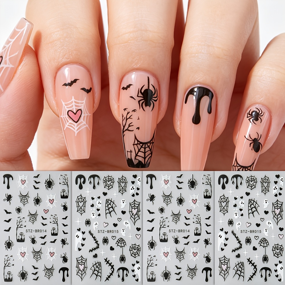 Image of 4 Sheets Sweet Cool Halloween Nail Stickers Heart Web Bat Drip Glue Ghost Dead Tree Nail Art Stickers Bad Y2k Dark Festival Nail Decoration