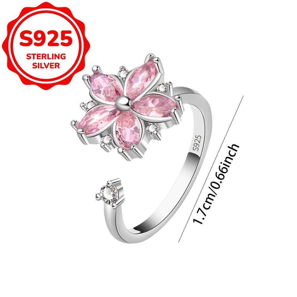 Women's S925 Sterling Silver Rotatable Pink Cherry Blossom Ring