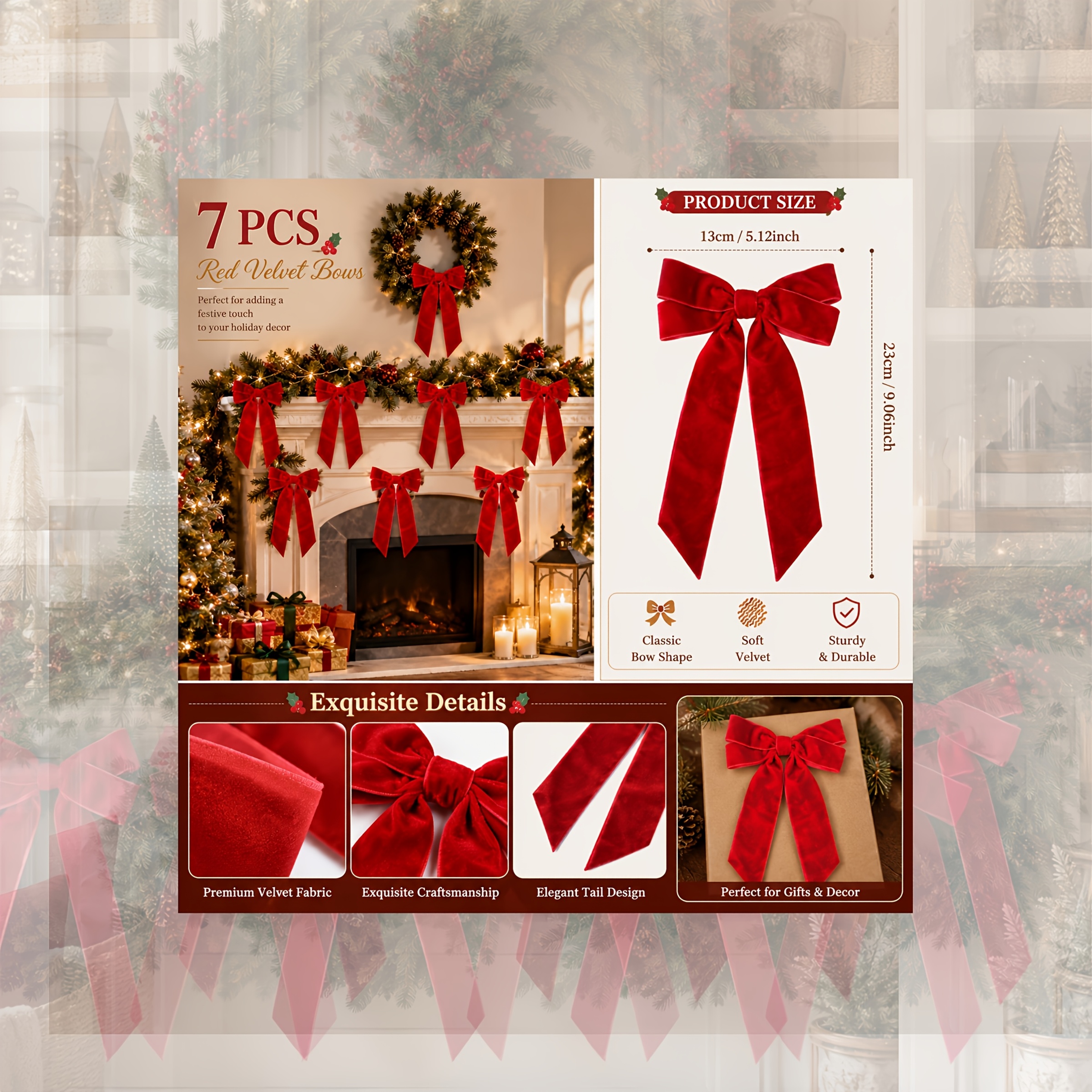 TEMU Lot de 7 nœuds ornementaux en velours rouge pour décorations de sapin de Noël, couronnes, guirlande de manteau de cheminée - Élégant et vintage,