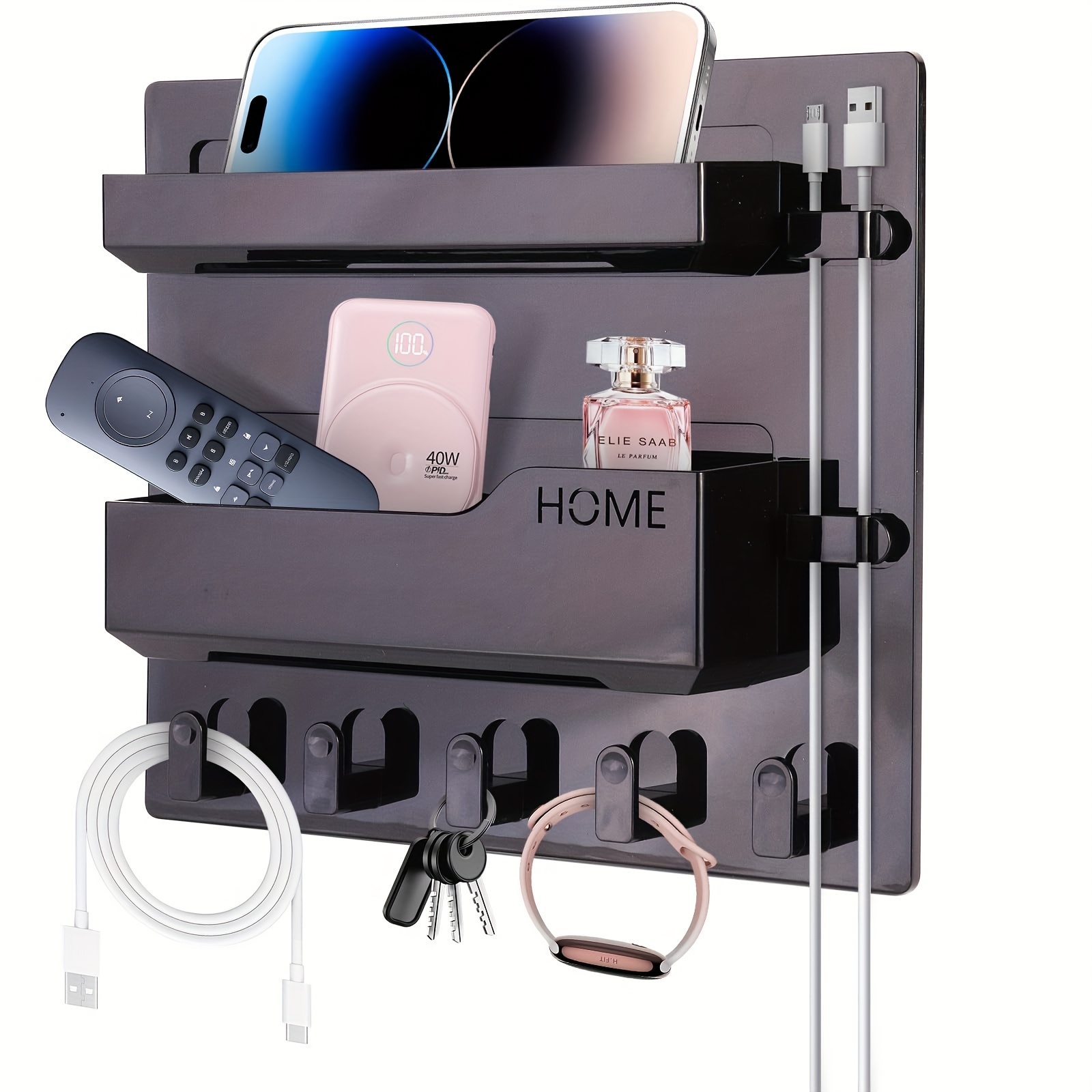 TEMU Floating Shelves For Bedside - Wall-mounted No Drill Installation, Heavy-duty Plastic White & Bedside Organizer With Cable Management, Phone