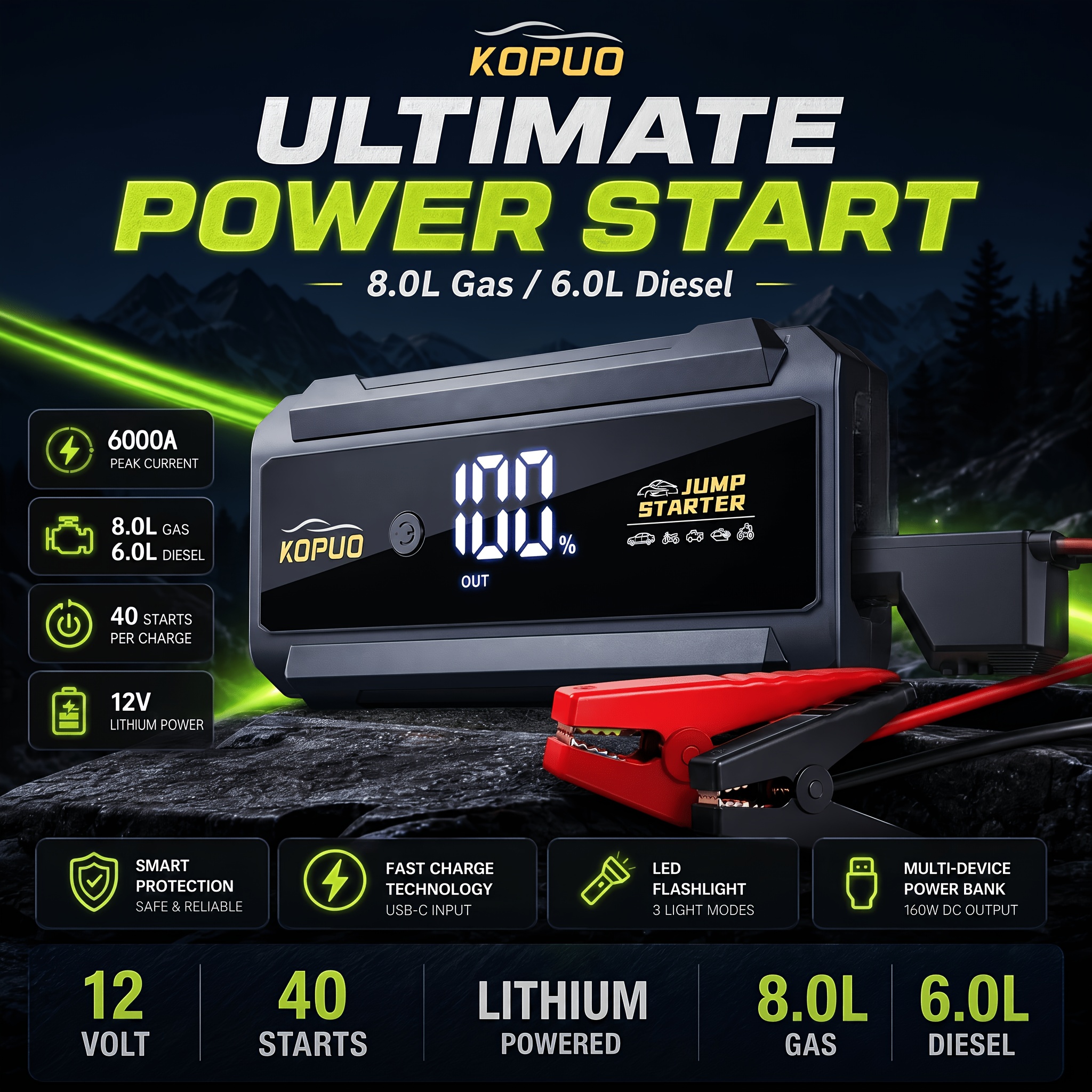 Image of Kopuo 5000/6000a Car Jump Starter 12v, Portable Emergency Battery Booster, , Up To 8.0l Petrol & 6.0l Engines, Lcd Display, Led Flashlight & Power Bank For Cars, Suvs, , Trucks & Motorcycles