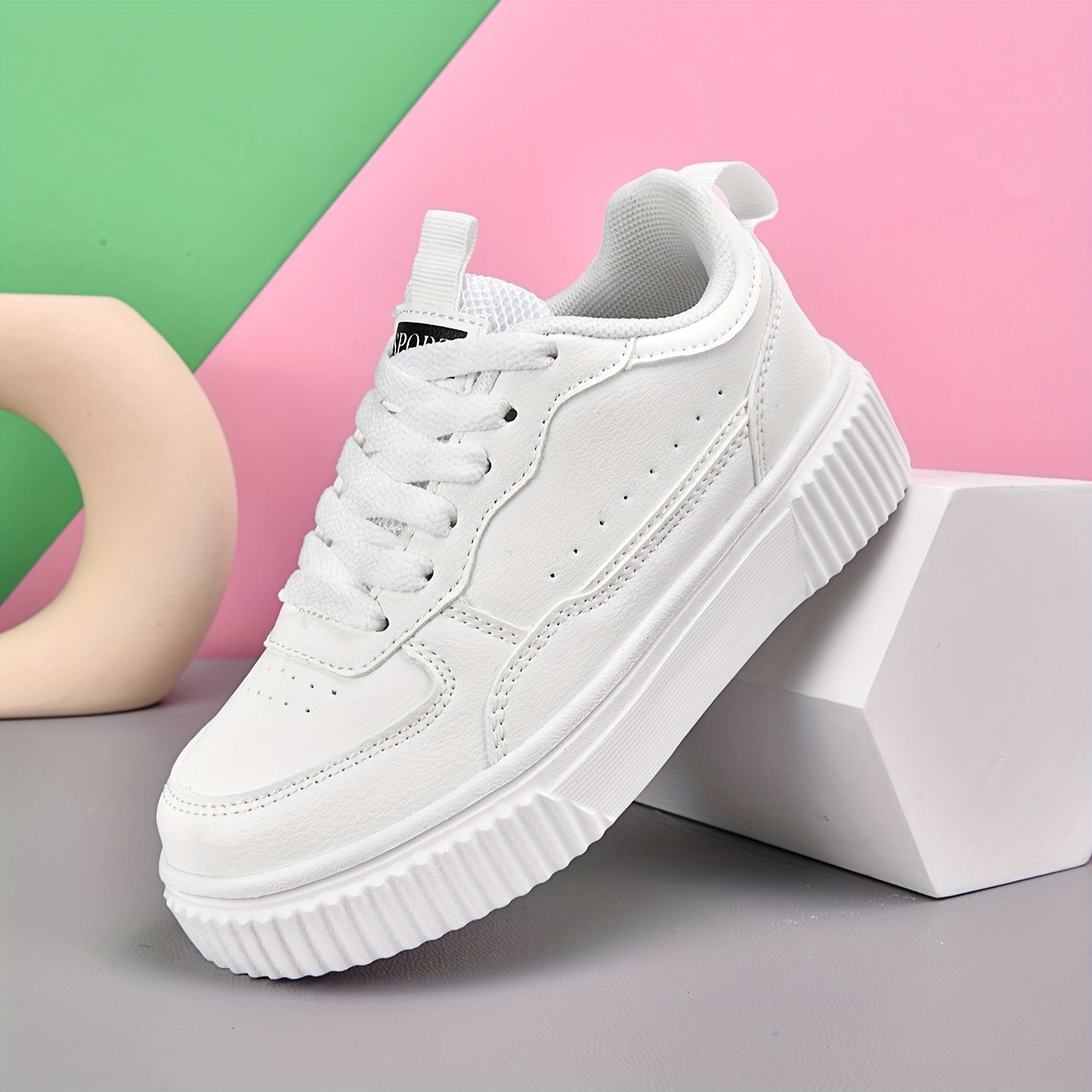 low top walking tennis sneakers breathable pu upper cushioned eva sole lace up casual shoes for boys girls white tennis shoes Product details 2