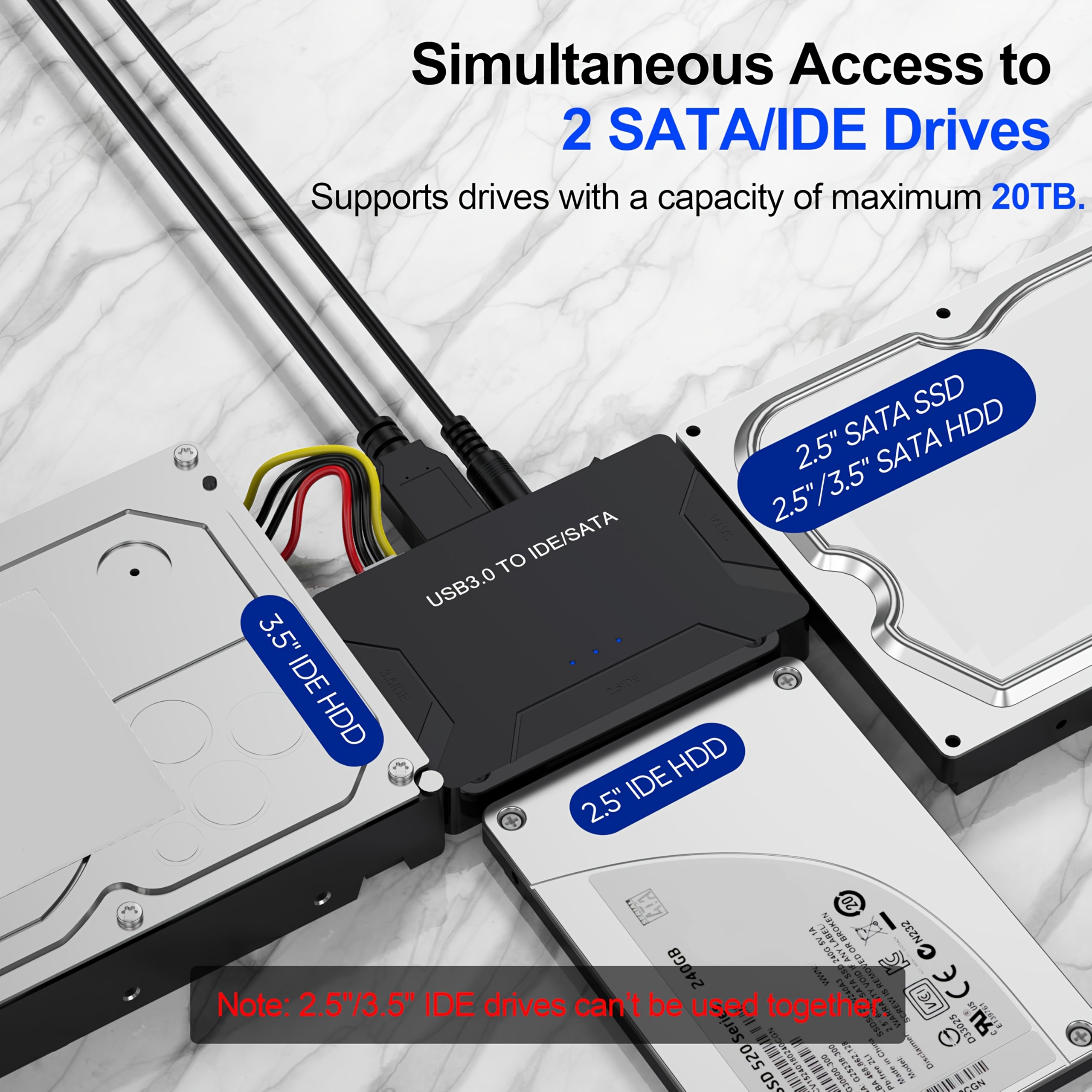 Adaptateur SATA IDE vers USB 3.0 | Convertisseur Ultra Recovery Kit de récupération de données de disque dur universel pour HDD SSD SATA et IDE de 6,35/8,89 cm, Marque E-yield, Fil de cuivre étamé