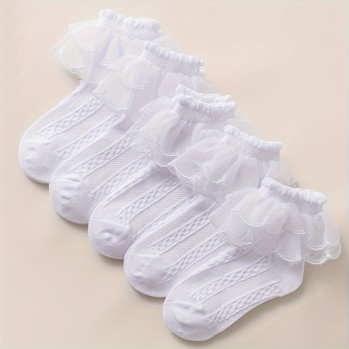 

5 Pairs Of Girl's Solid Colour Lace Princess Style Dance Socks, Comfy Breathable Casual Soft & Elastic Crew Socks, Spring & Summer