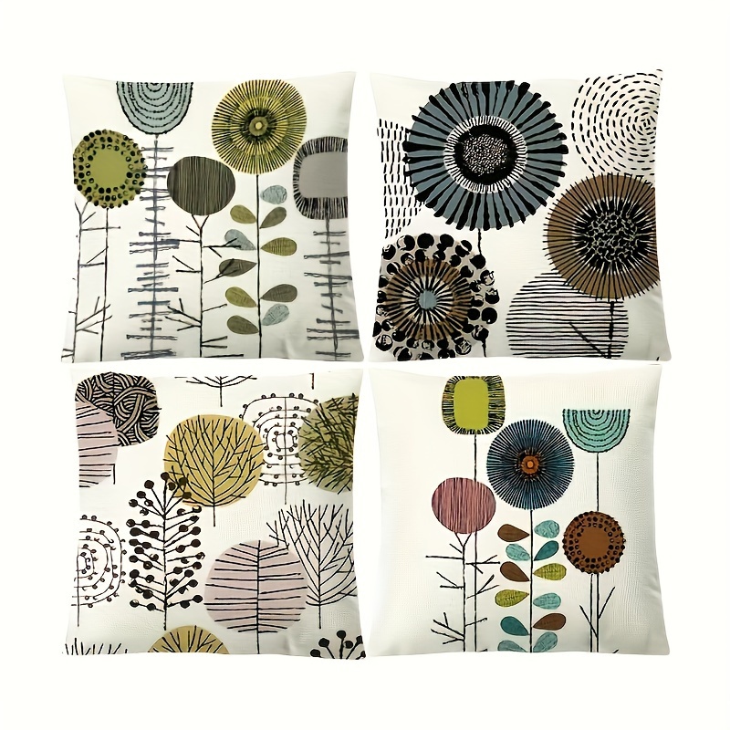 

4pcs Set Contemporary Floral & Abstract Geometric Throw Pillow Covers - Machine Washable, Zip Closure For Living Room, Office, And Home Decor (no Insert)