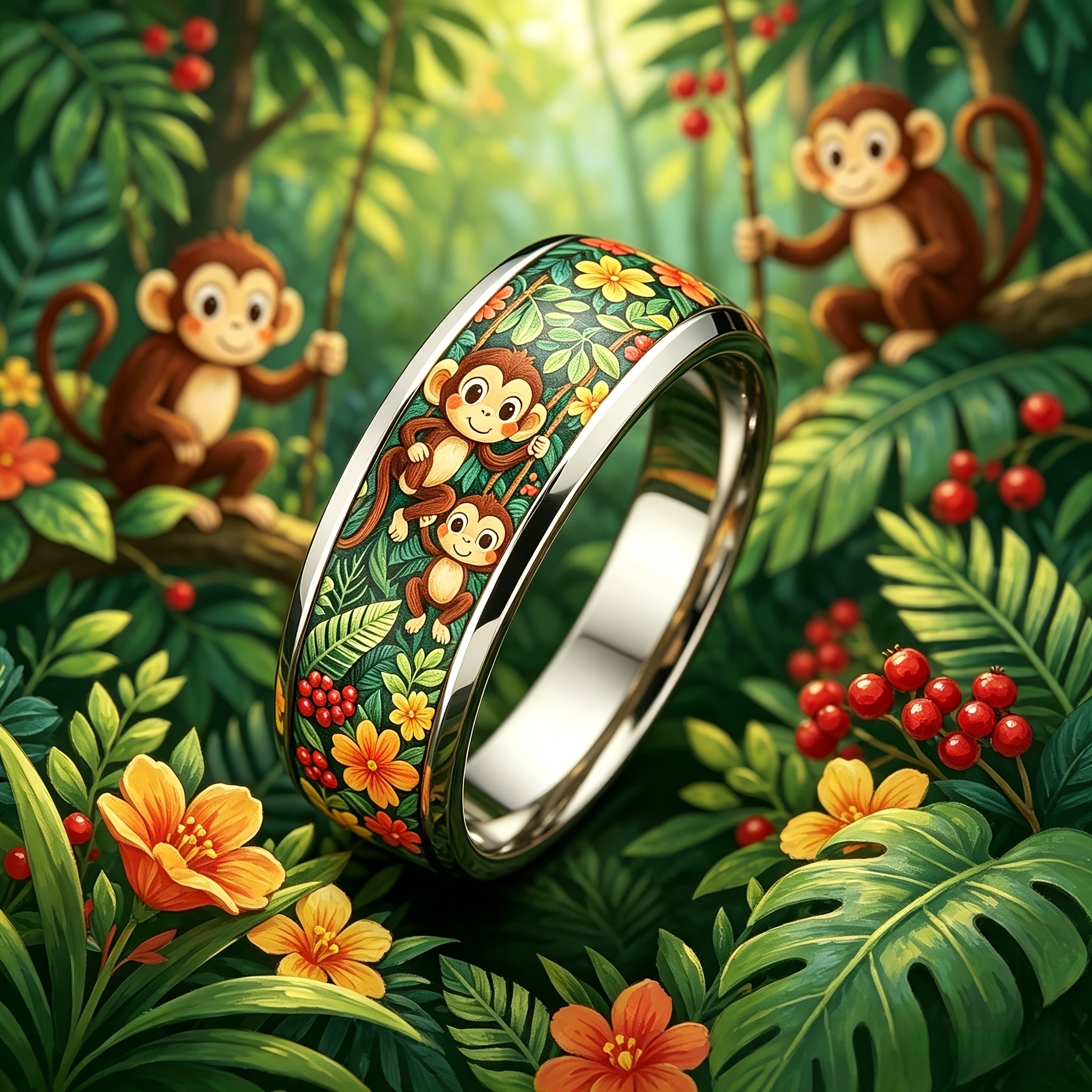 Jungle Monkey Cartoon Stainless Steel Ring, Hypoallergenic