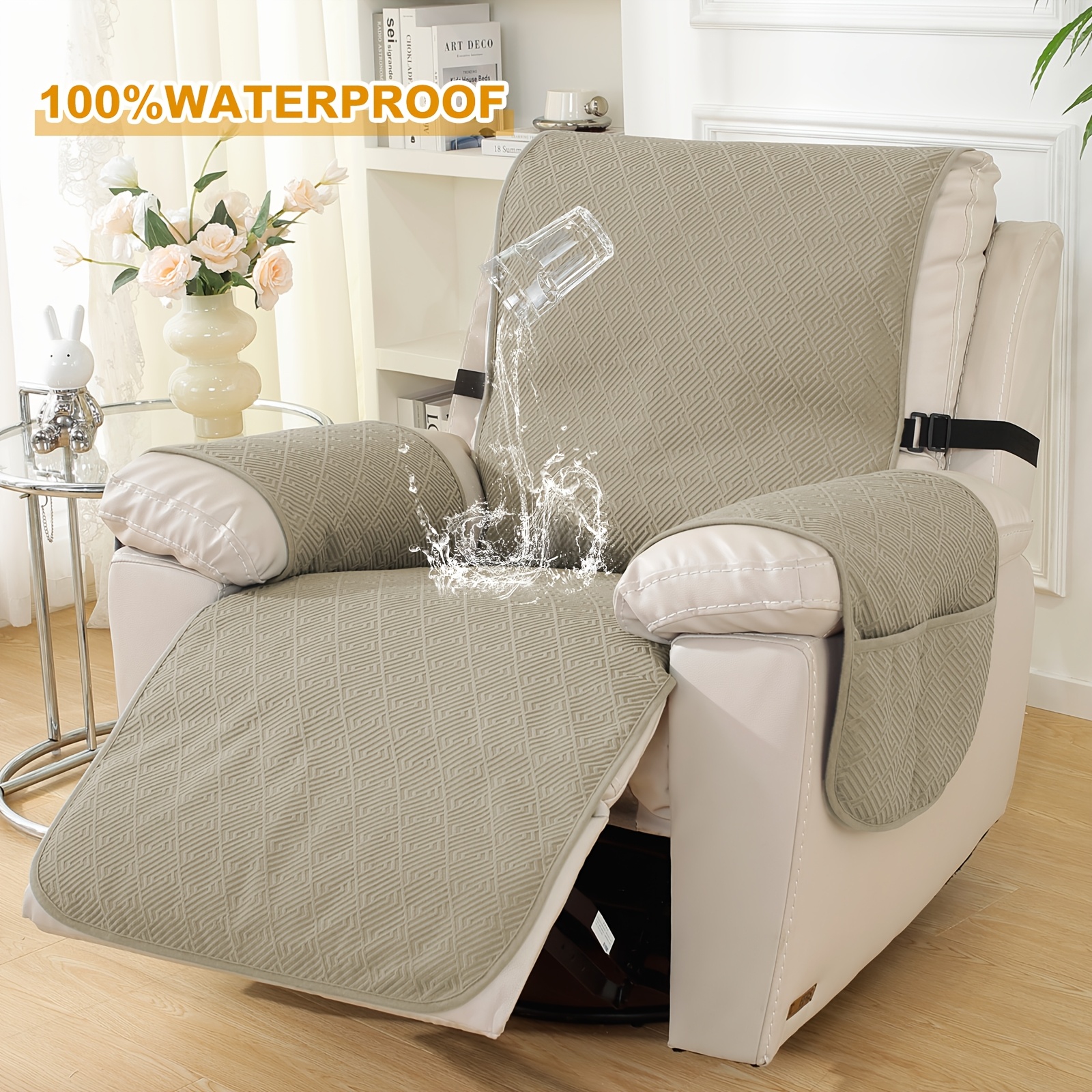 

1pc Waterproof Recliner Chair Cover, Non-slip & Pet-friendly, With Pockets & Straps - Fits 23" To 28" Chairs, Washable & Stain-resistant Fabric Protector For Living Room