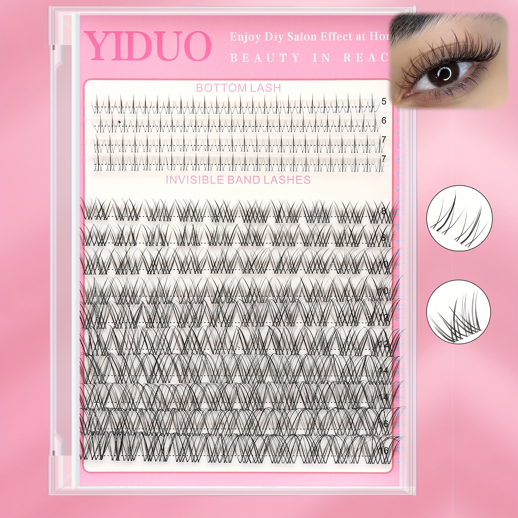 

196pcs Yiduo Venus Diy Lash Set, 8-16mm With 5-7mm Bottom Lashes, D - , Ultra-thin Invisible Band, Soft & Lightweight For Easy Application, Reusable - Beginner Friendly