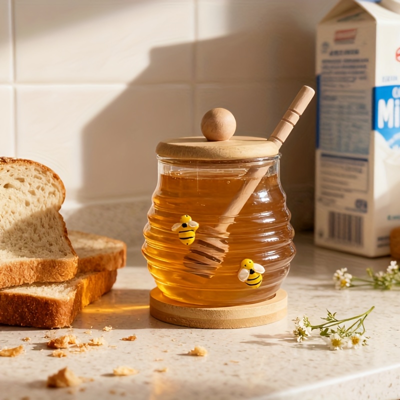 E-shop 300/420/500ml Glas Honigglas mit Bienen, Glasbecher mit . Holzstäbchen, . Holzdeckel, . Holzboden, Transparenter Honiglagerbehälter, Bienen