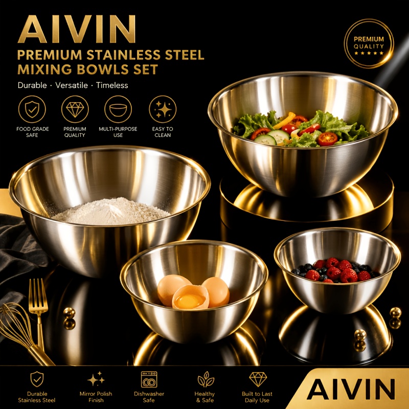 TEMU Mixing Bowls, 4pcs Premium Stainless Steel Nesting Mixing Bowl Set, Rust Resistant Durable Kitchen Bowls For Baking Dough, Salad, Fruit Storage