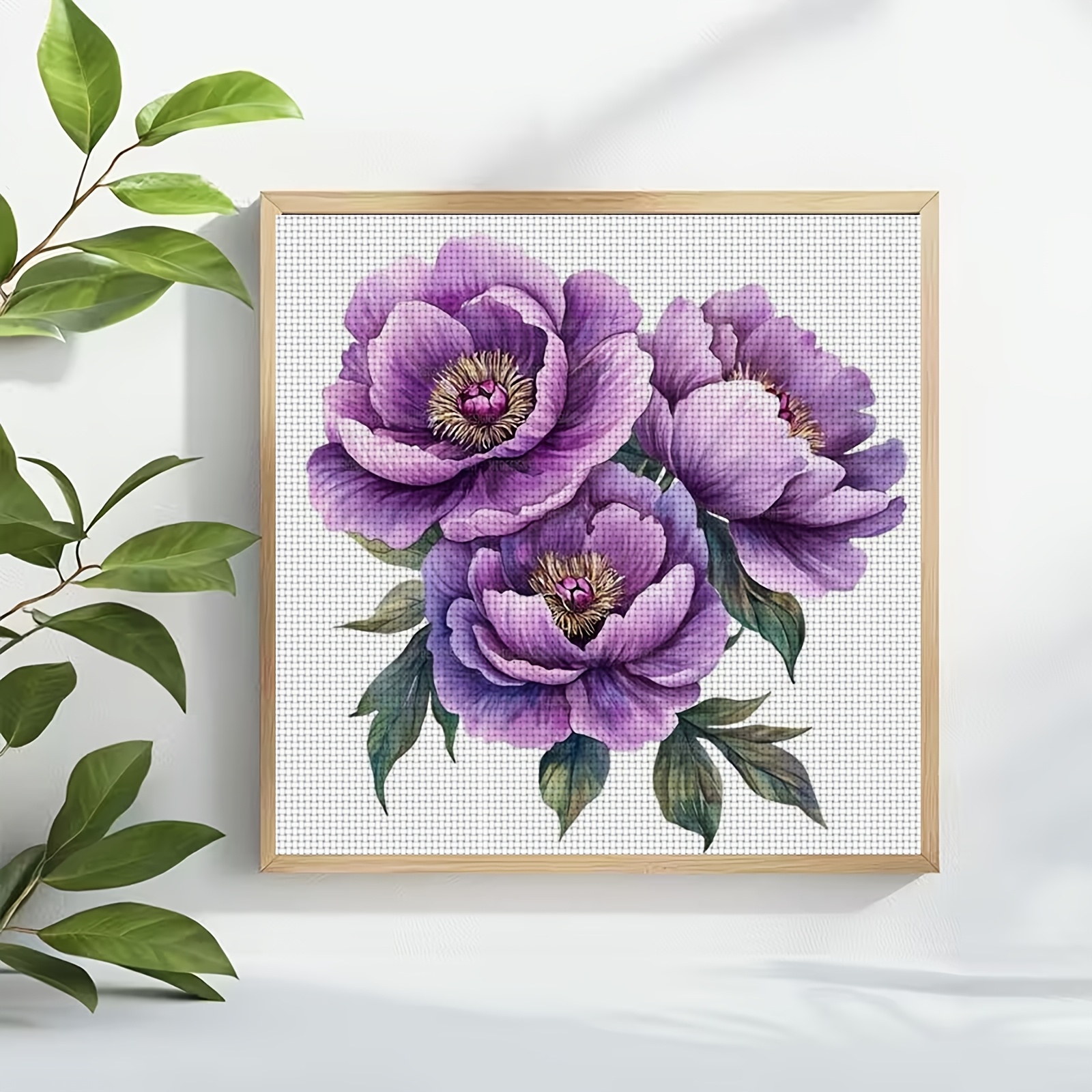 DIY Cross-Stitch Printed Kit with Three Purple Peonies