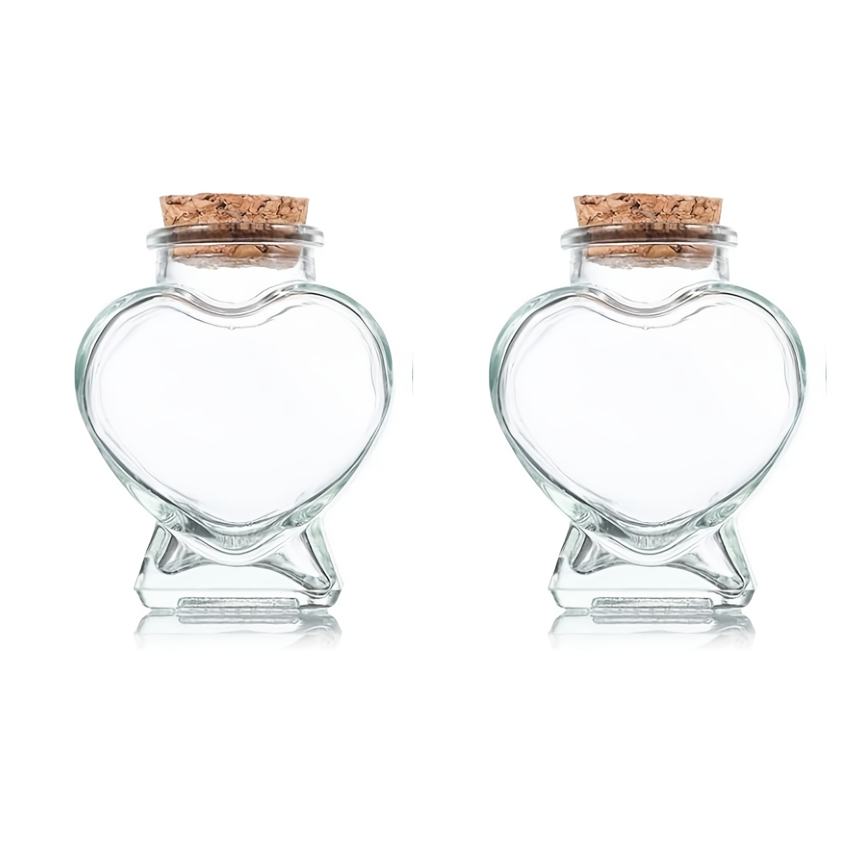 Set Of 2 Heart-shaped Glass Containers, Each 50ml, Featuring A With Cork Stoppers. Ideal For Projects, Messages In A Bottle, And As A Valentine's Day Present
