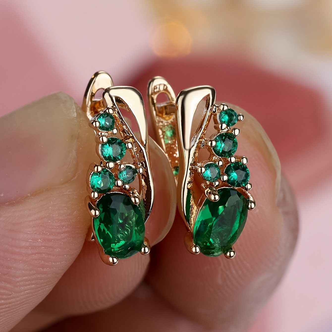 TEMU Golden Teardrop Green Stone Drop Earrings - Women's Clip Earrings - Wedding Jewelry - No Plating - Green Stone