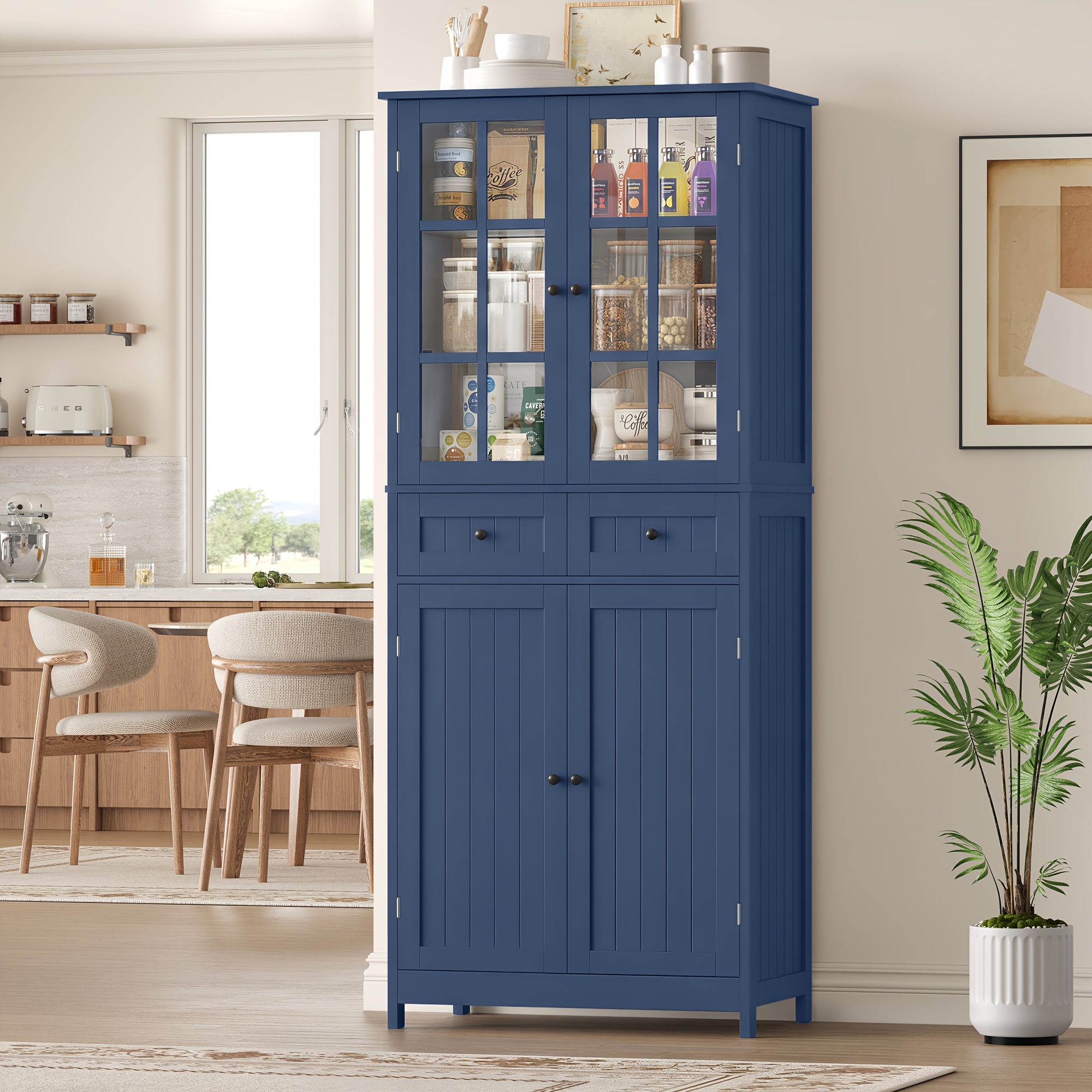 Kealive Kitchen Pantry Cupboard, 180cm Tall Sideboard With 2 Glass Doors, Kitchen Cabinet With And 2 Drawers, Display Cabinet For Dining Room, Office, Living Room, Modern, Blue