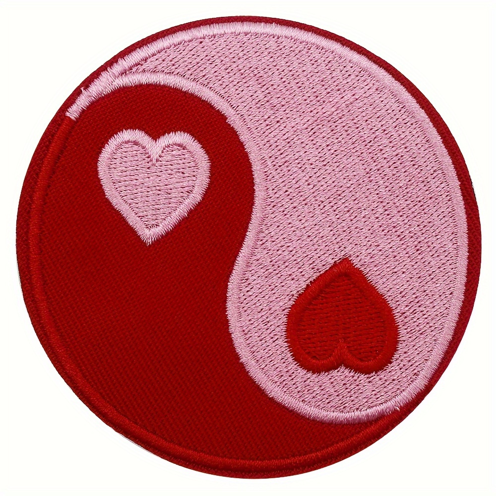 Sew Or Iron On Pink Love With Yin Yang Symbol Embroidered Patch, Taoism Applique Taiji Logo Patches For Jackets, Backpacks, Size 3 Inch
