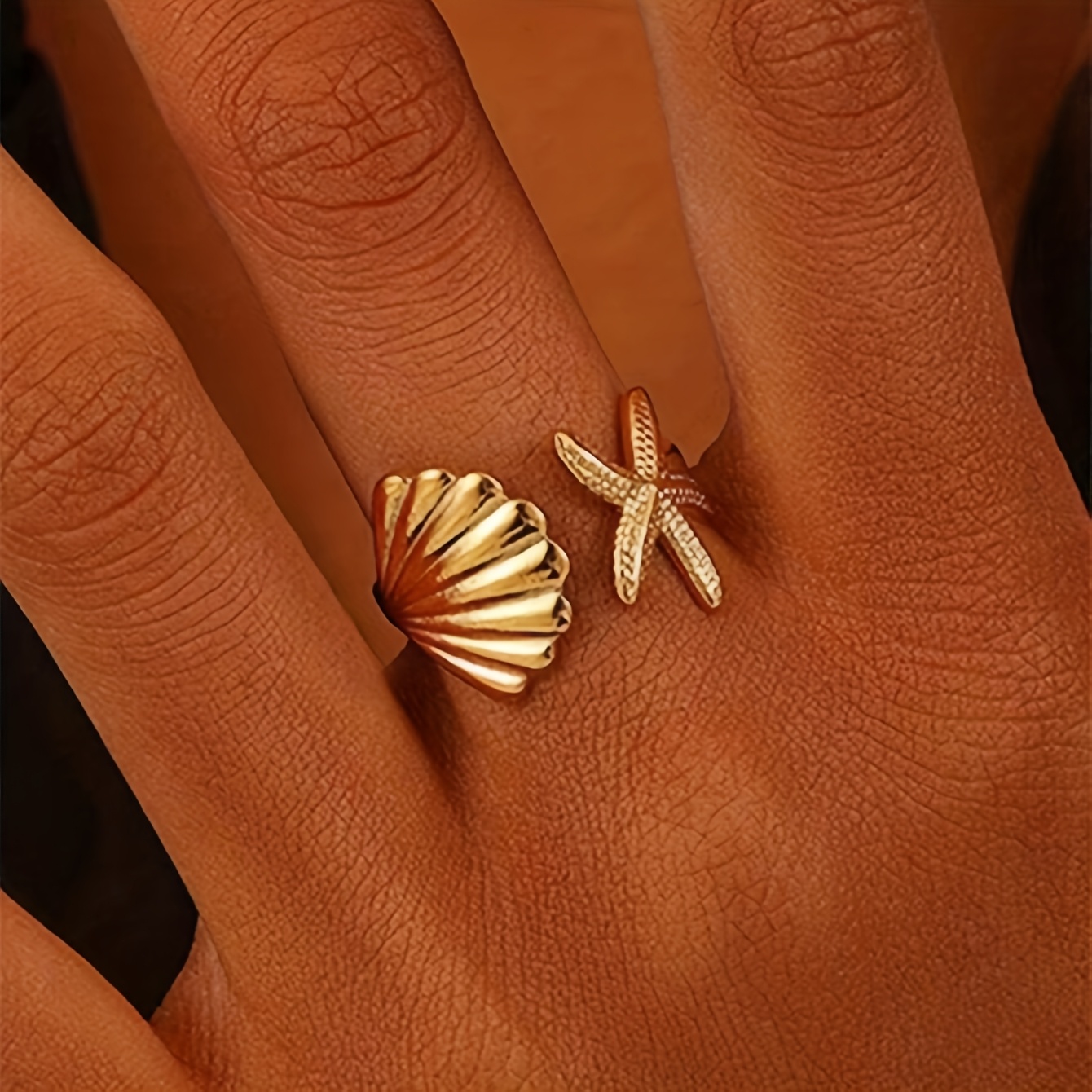 2pcs 3D Starfish & Shell Vintage Style Adjustable Ring Set