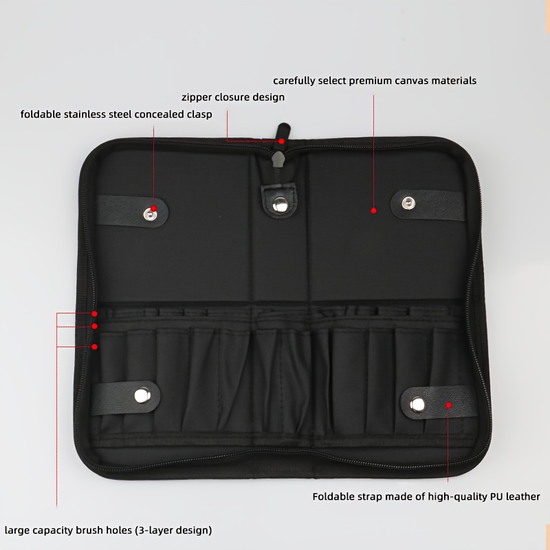 TEMU 1pc 23 Holes Makeup Brush Bag, Foldable & Portable Travel Makeup Brush Organizer, Zippered Makeup Brush Holder, Cosmetic Tool Storage Bag, Black