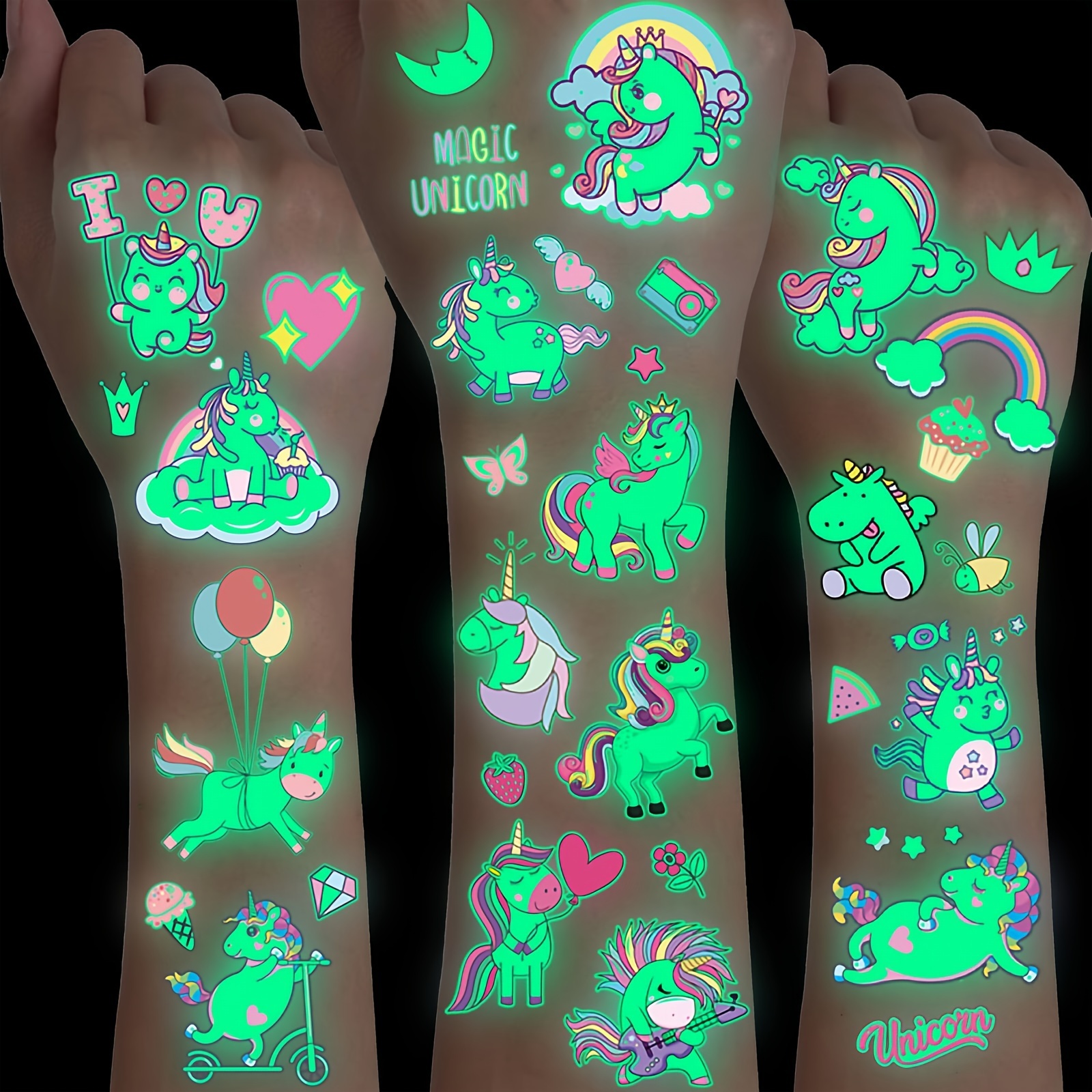 

15 Sheets Unicorn Glow In The Dark Temporary Tattoos For Girls Boys, Cute Fun Small Night Glitter Luminous Waterproof Fake Tattoo Sticker Birthday Gifts Party Decorations