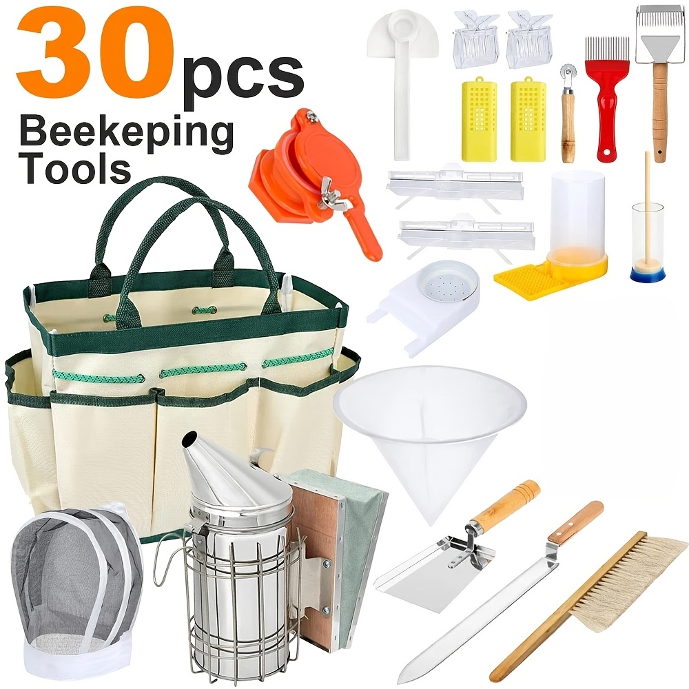 30pcs Beeswax Tool Set - Oxford Fabric Large-capacity Multi-functional Handbag, Smoke Sprayer, Scraper, Bee Brush, Bee Hive Cage, Etc.