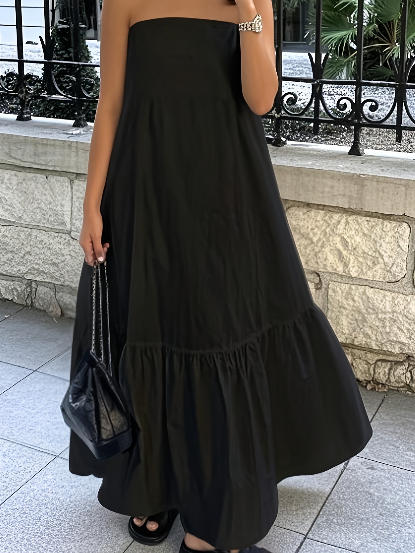 women's strapless maxi dress hem solid color black Temu Greece