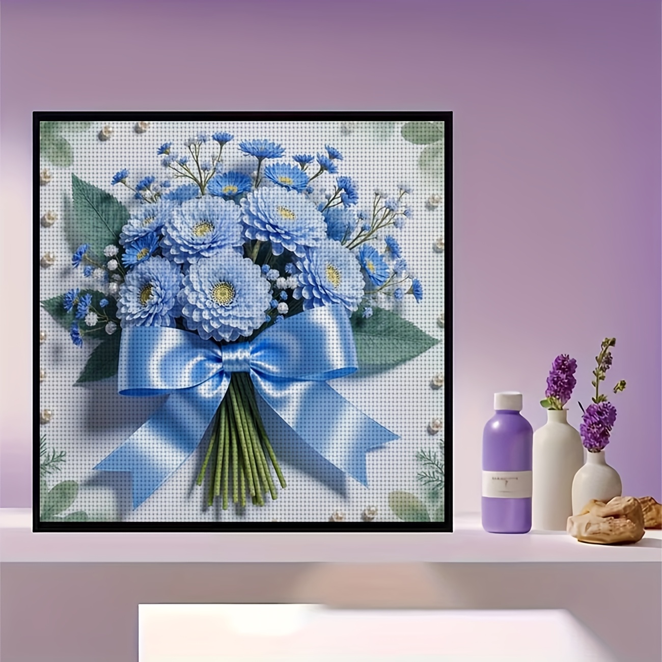 DIY Printed Cross Stitch Kit, Blue Flower Bouquet Pattern for Beginners