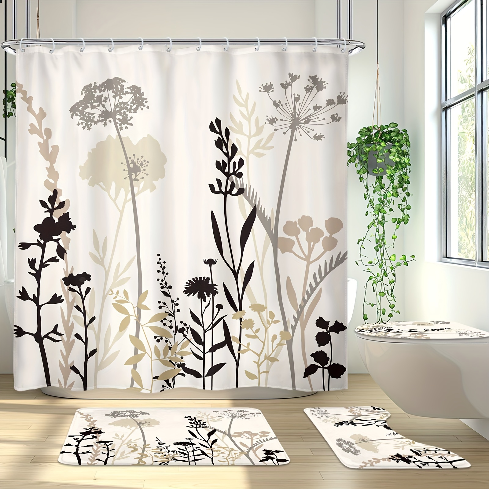 

1/4pcs Cream Floral Shower Curtain Set, Taupe Brown Silhouette Rustic Vintage Abstract 12 Hook Waterproof Shower Curtain, Non-slip Bathroom Mat, Toilet U-shaped Mat, Cover Mat, Home Decor Gift