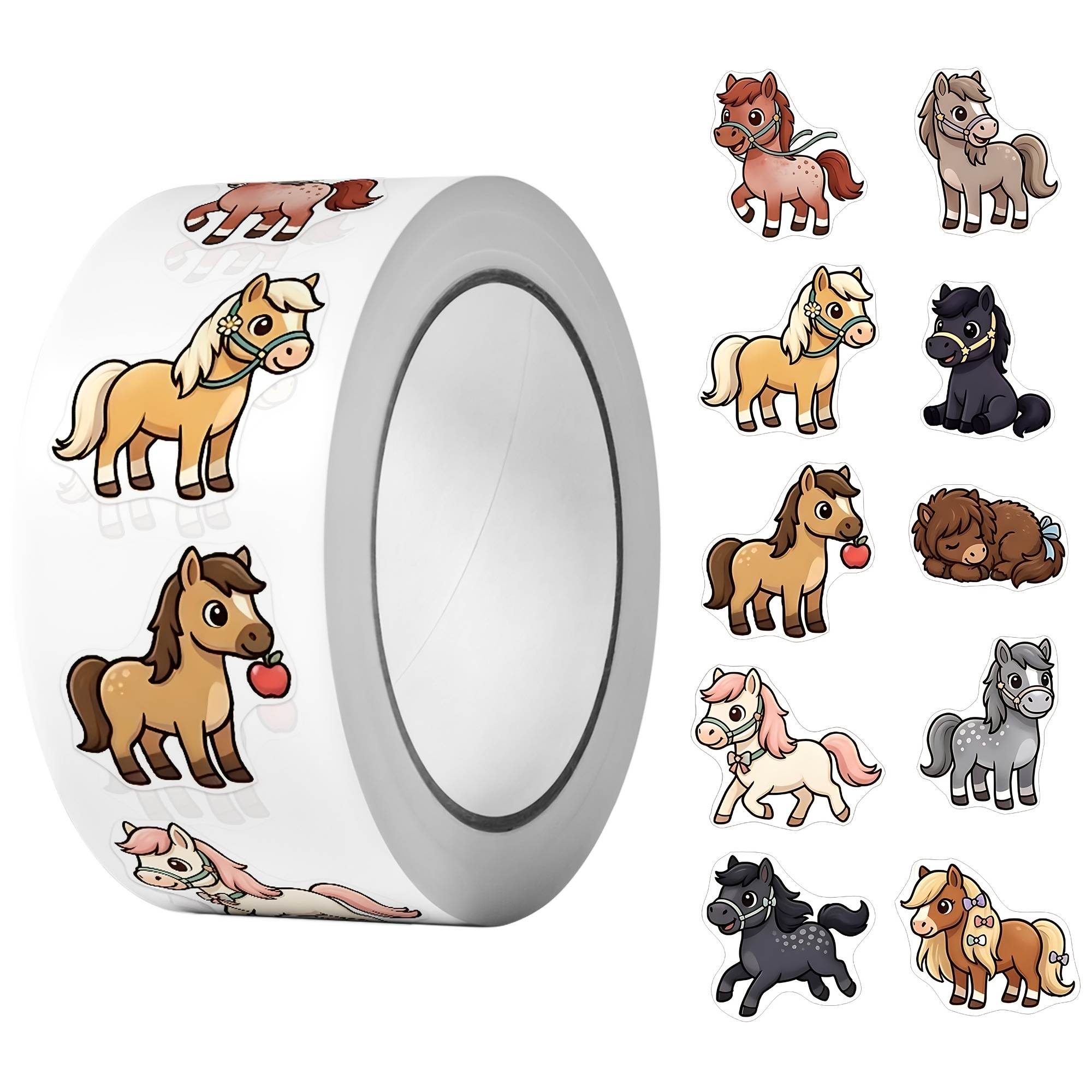 TEMU 1 Rolle (500 Stück) Niedliche Kawaii Pony Sticker Rolle 2,5 cm/1,0'' 10 Einzigartige Designs Partygeschenke Kunst Aufkleber für Verschiedene