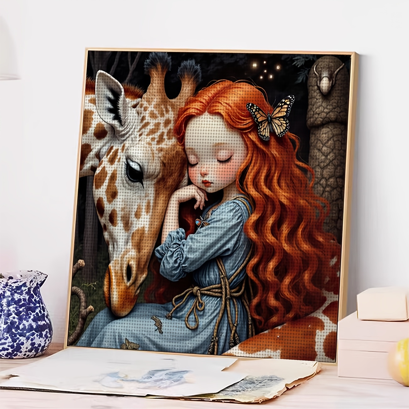 Frameless Cross Stitch Printed Kit, "Red-Haired Snuggling Giraffe" Pattern for Beginners