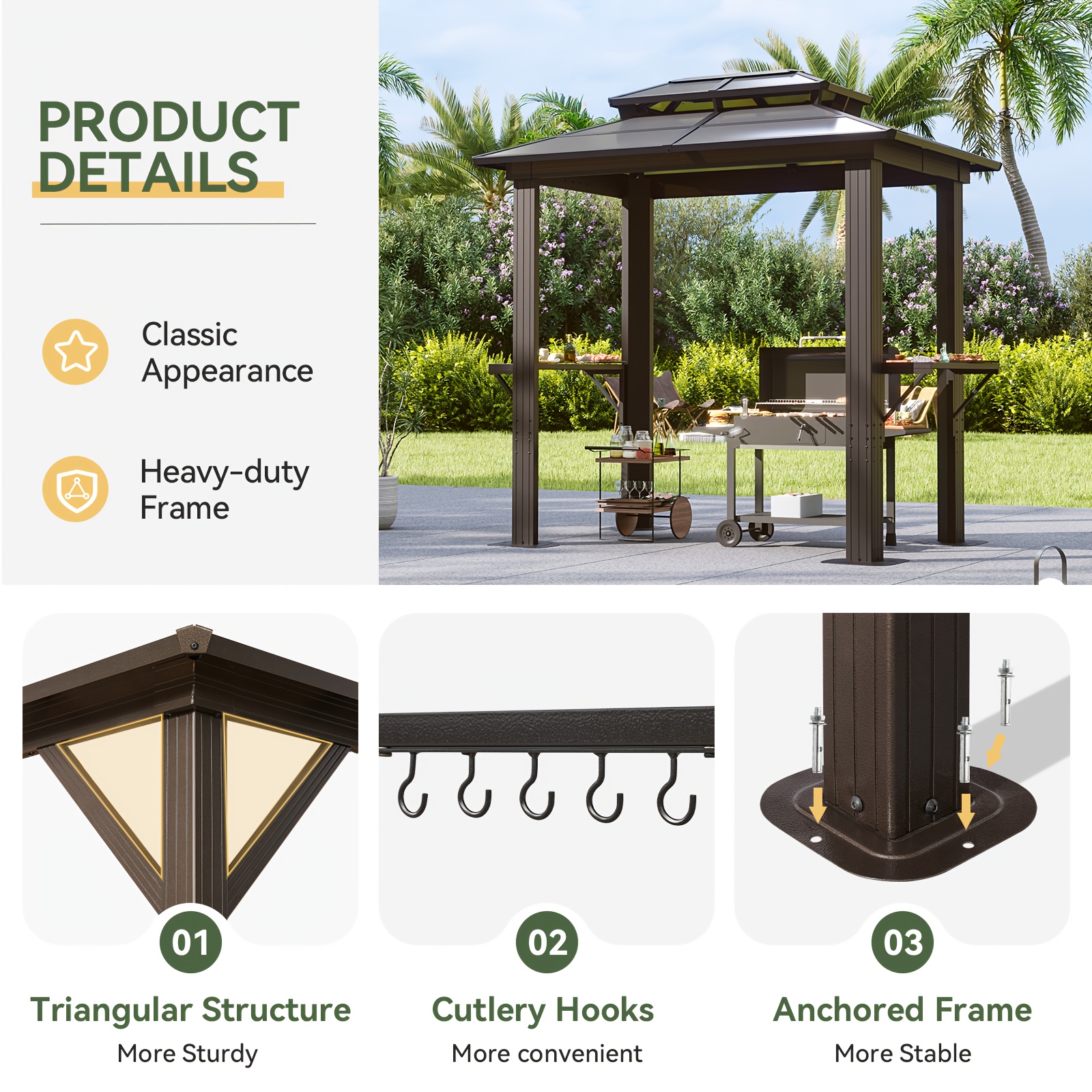 Oneinmil 8 X 5FT Hardtop Grill Gazebo With Double Polycarbonate Roof/Metal Roof - Outdoor Grill Gazebo, Heavy-Duty Grill Shelter With Aluminum Frame, Patio Cover For Grilling & Dining, BBQ Gazebo For Outdoor Grill, Backyard, Patio, (On )