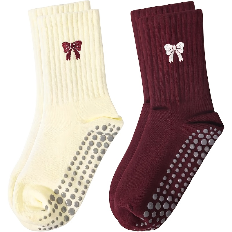 TEMU Women's Pilates Yoga Anti-slip Socks 2-pair Pack, Bow Lace Mid-calf Socks, Suitable For Fitness, Ballet Barre Training