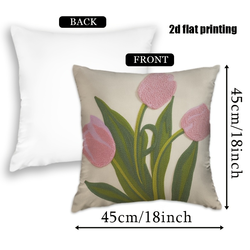 2D Flat,Terrace Cushion Cover,1pc 18X18 Inches Quare Pillow Cover, Embroidery Features Three Pink Tulips with Green Leaves and Stems.,Decoration, Gifts,Valentine Festival Gifts,Outdoor Indoor,Garden Decoration, 2D Flat