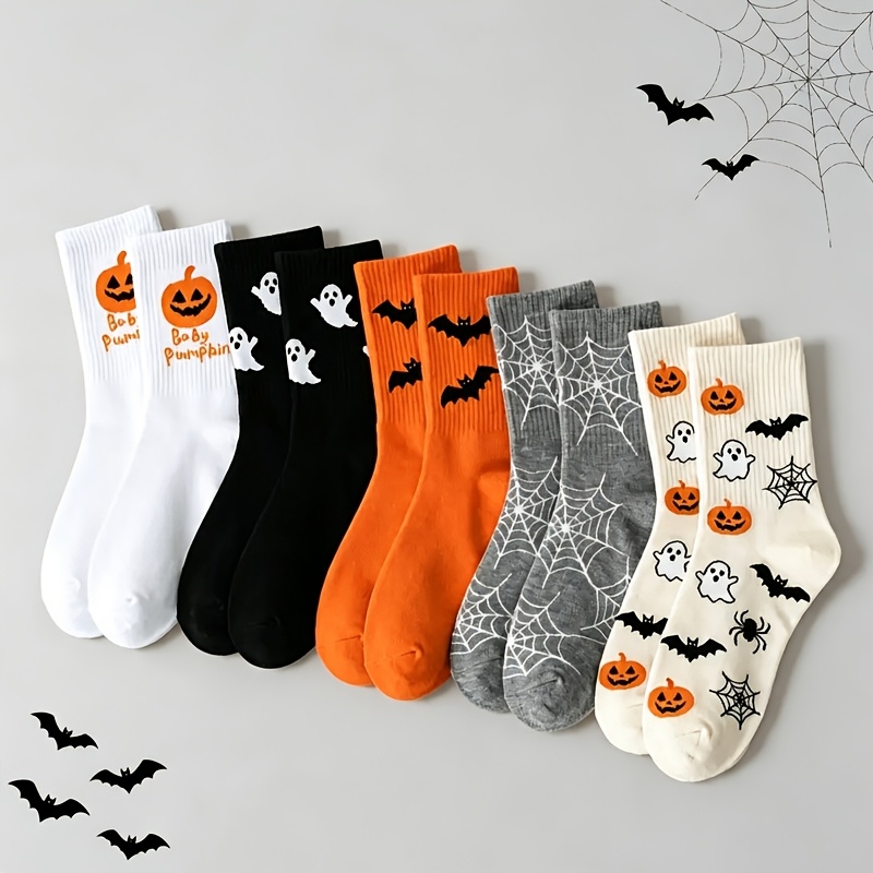 TEMU 5 Pairs Halloween Cartoon Socks, Pumpkin Ghost Bat Spider Web Socks, Unisex, Everyday Party Wear