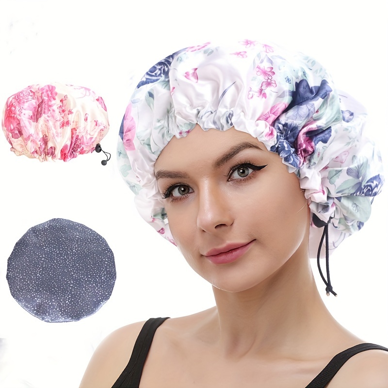 

Bonnet de Douche Étanche Ajustable à Double Couche pour Femmes - Spacieux, Ajustement Élastique avec Design Floral Élégant