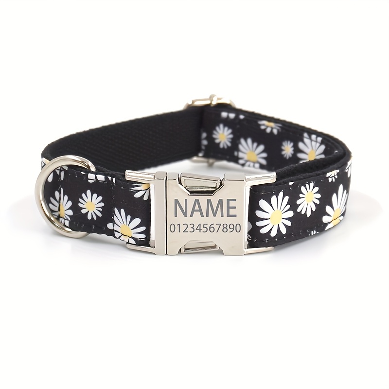 TEMU 1pc Personalized Black Daisy Custom Dog Collar With Name Tag And Quick-release Metal , Durable Polyester Pet Id Tag For Small/medium/large -