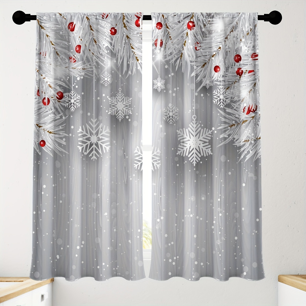 

2pcs Christmas & Red Polyester Curtains - Rod For Hanging, For , , Dining Area & Decor