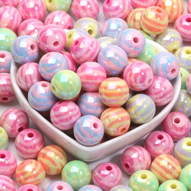 

10pcs 14mm Mixed Color Striped Round Beads, Acrylic Fashion Decorative Beads