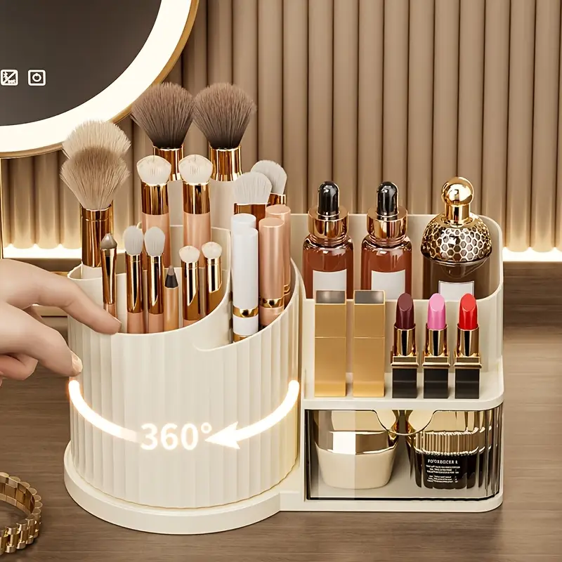 360 rotating makeup organizer with brush holder drawer makeup vanity organizer with brush storage lipstick office stationery space saving countertop organizer no power needed elegant bathroom desk durable plastic construction bathroom storage polished home organizers Product details 3