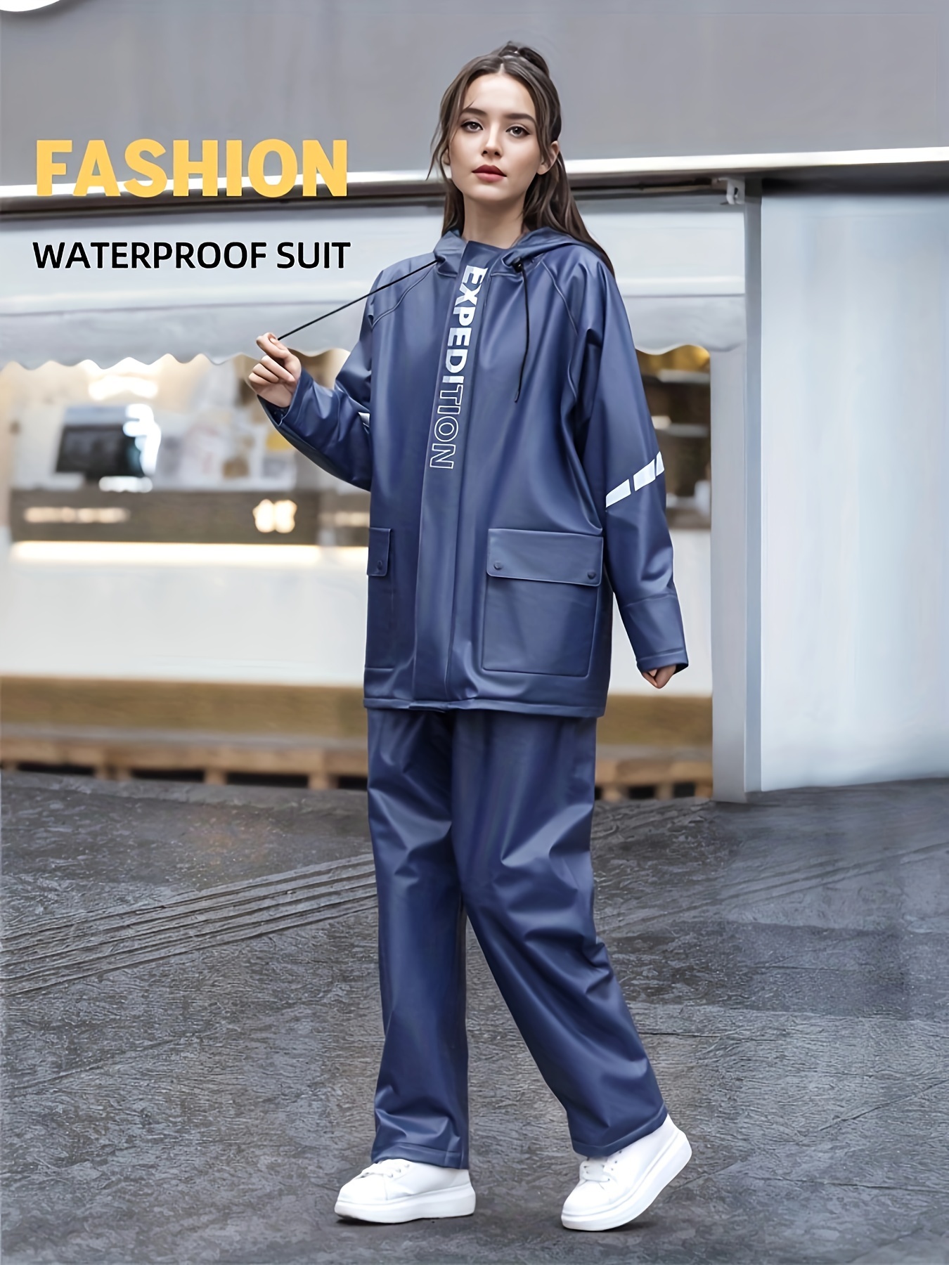 bm womens motorcycle rain suit navy blue hooded jacket pants - Main Image