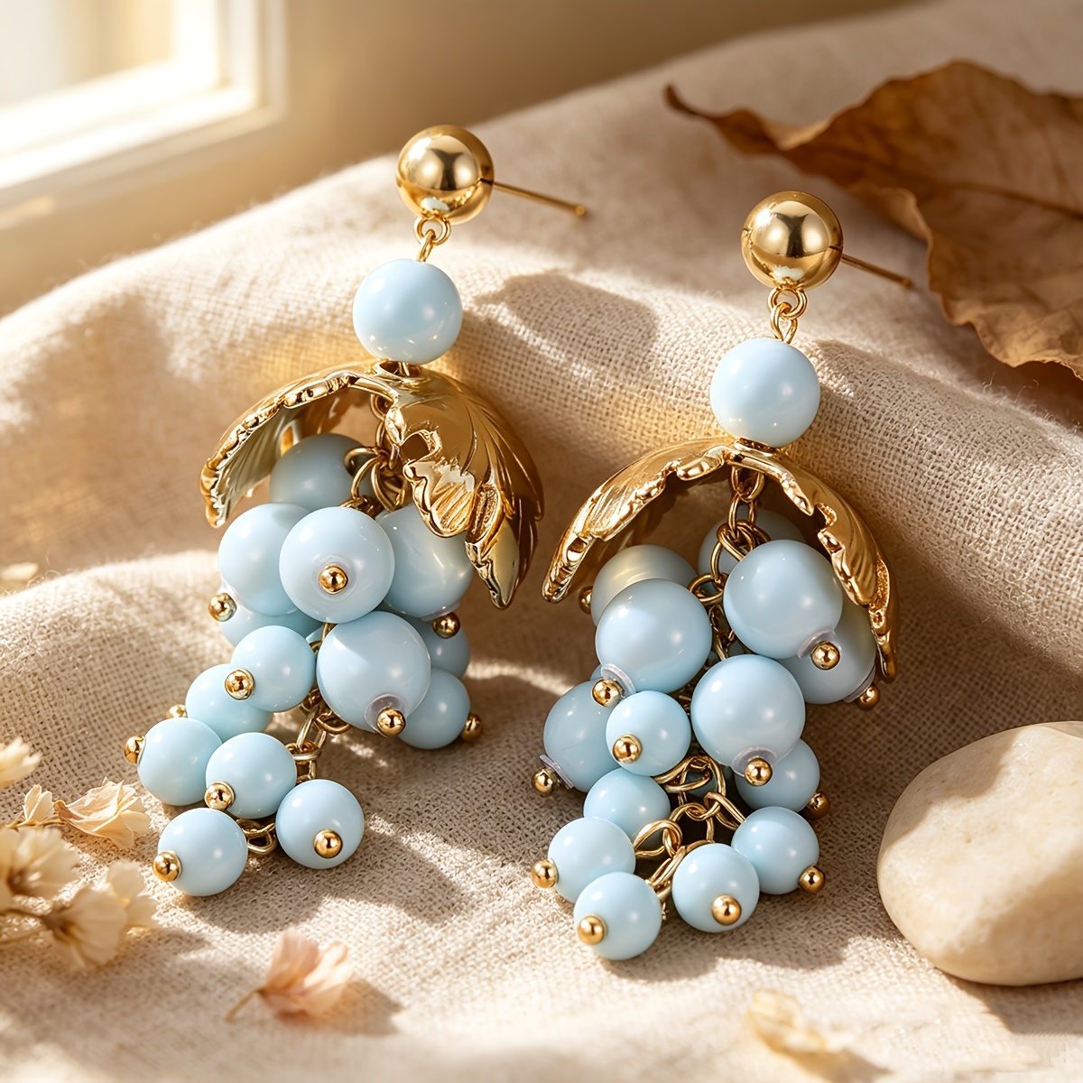Image of 2pcs French Fashion Earrings, Light Blue Bead Strand Like Grapes Lightly Drooping, Suitable For Fashion Items, Special Occasions And Daily Wear